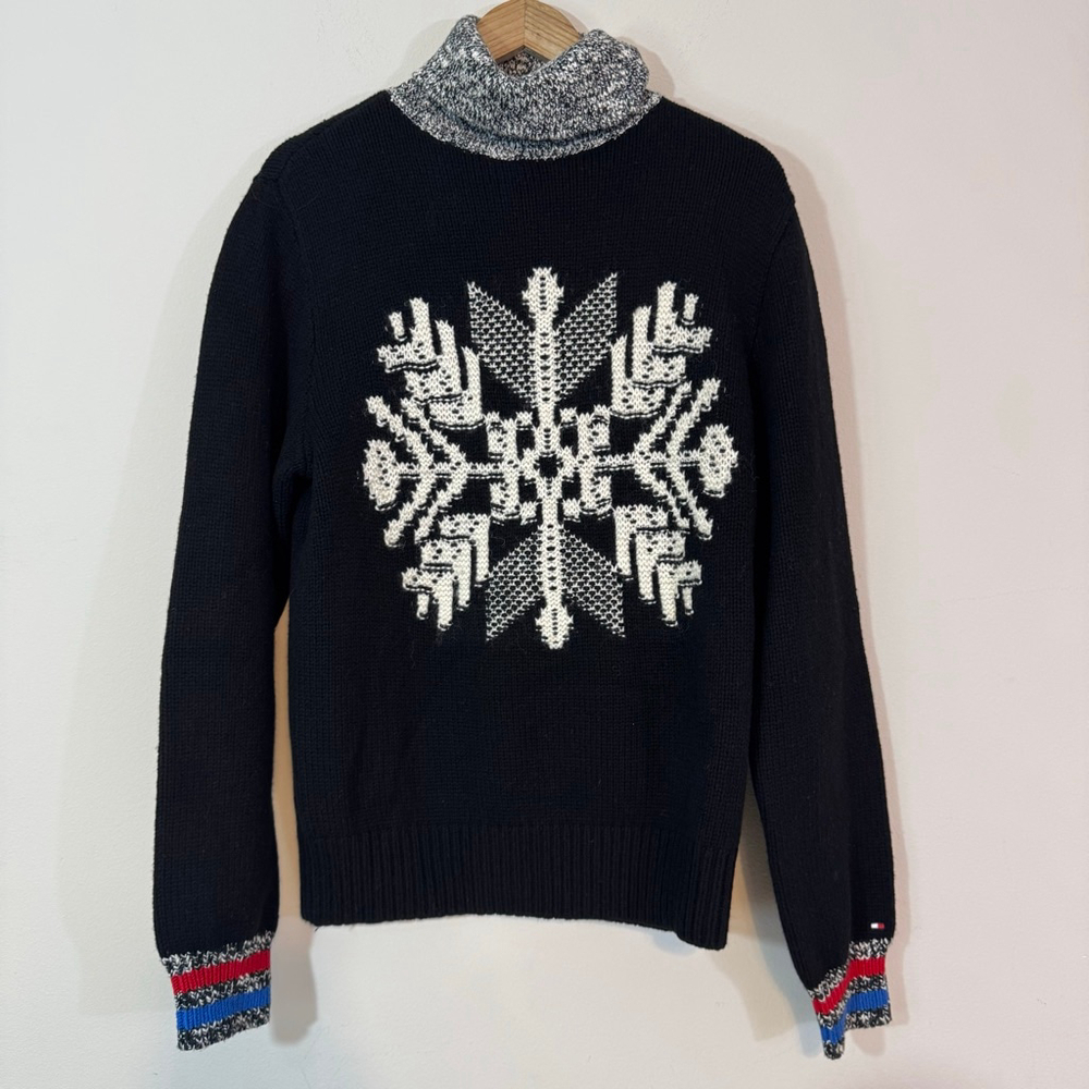 TOMMY HILFIGER Men's Ski Slopes Turtleneck Wool Blend Sweater Black White Size M